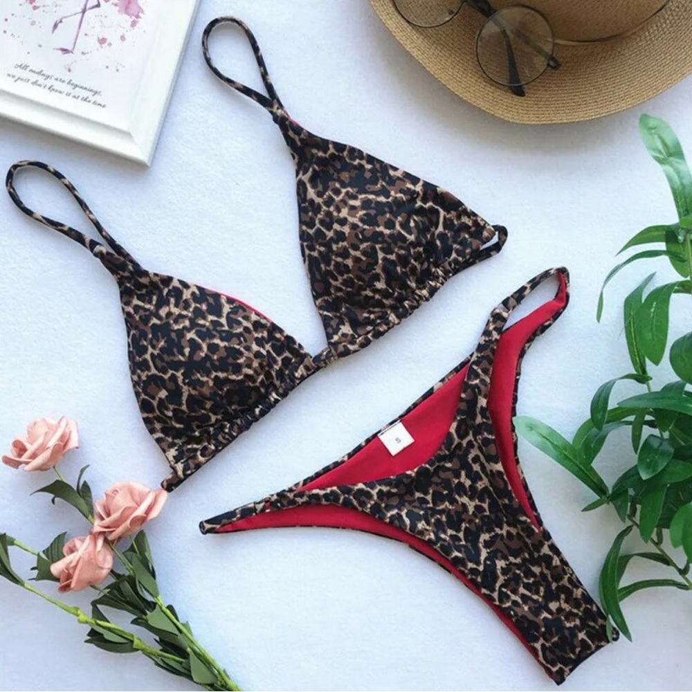 2024 Sexy Leopard & Red Women Brazilian Thong Bikini Set